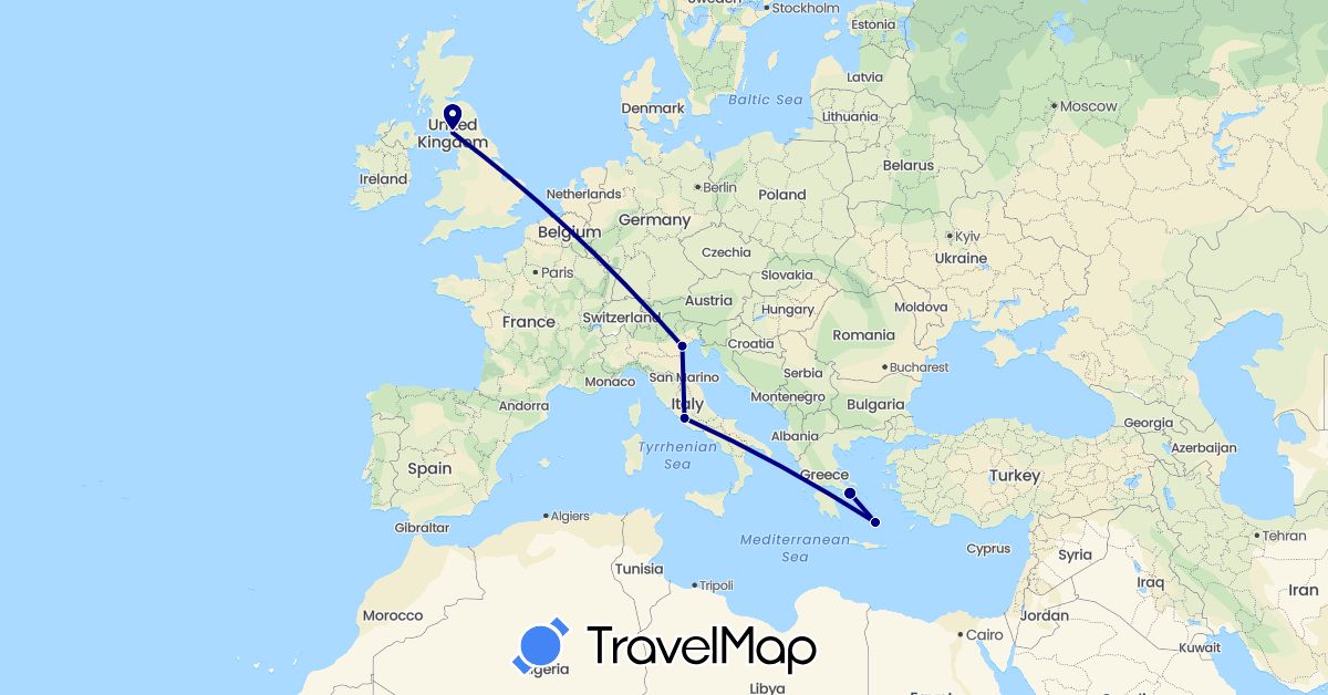TravelMap itinerary: driving in United Kingdom, Greece, Italy (Europe)